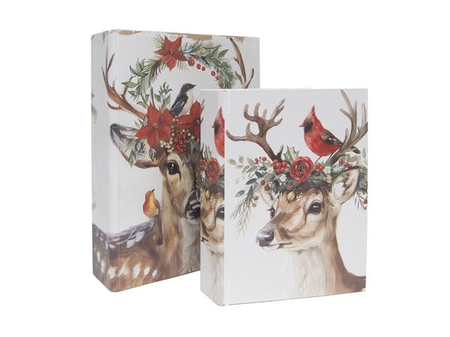 WOODEN STORAGE BOOK (BIRD ON REINDEER) (SET OF 2)