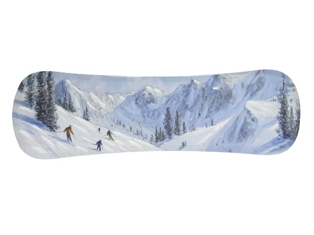 SNOWBOARD-SHAPED CANVAS WALL ART (MOUNTAIN SKIERS)