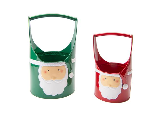S/2 METAL SANTA PLANTER WITH HANDLE