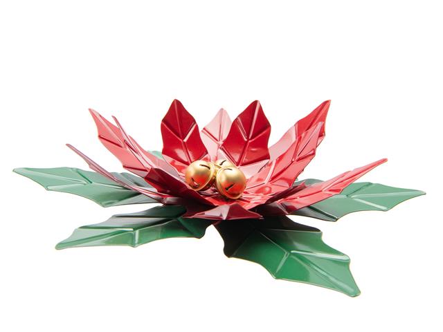METAL POINSETTIA WITH JINGLE BELLS DECOR