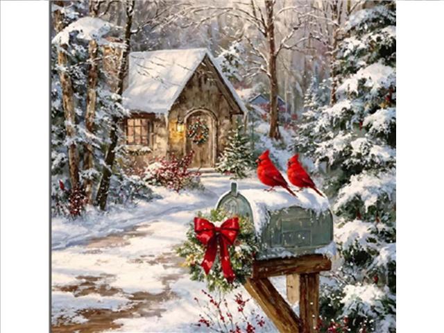 LED CANVAS WALL ART (SNOWY COTTAGE WITH CARDINALS)