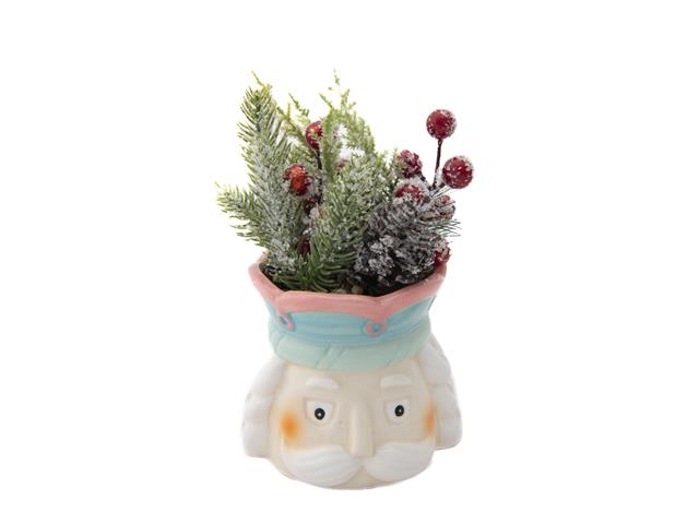 CERAMIC PLANTER WITH WINTER FOLIAGE (NUTCRACKER FACE)