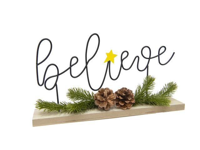 METAL AND WOOD TABLE DECOR (BELIEVE - PINECONES)