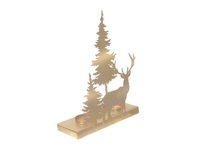 GOLD METAL REINDEER AND TREE CANDLE HOLDER