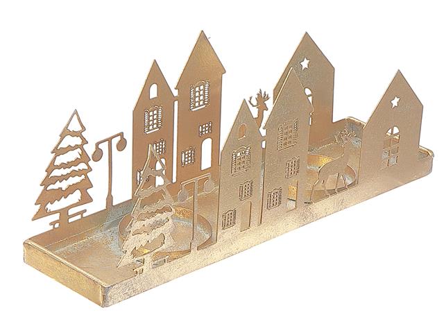 GOLD METAL WINTER VILLAGE CANDLE HOLDER