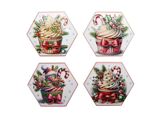 4PC HEXAGON CERAMIC COASTERS WITH GOLD FOIL (CUPCAKE)