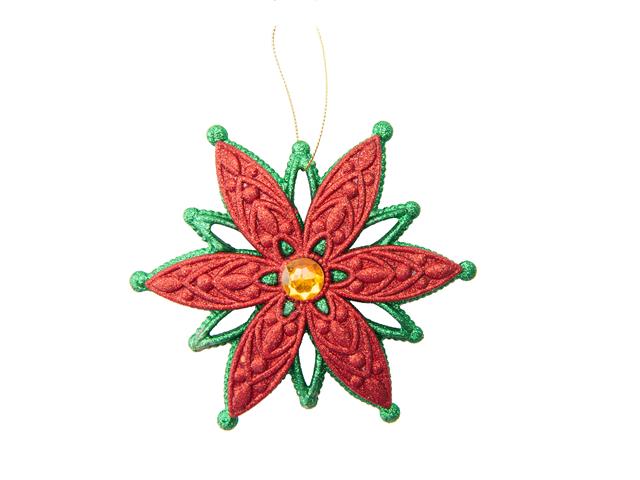 RED AND GREEN GLITTERED ORNAMENT (POINSETTIA WITH GEM)