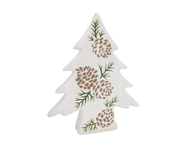 CERAMIC BISQUE TREE DECOR WITH EMBOSSED PINECONE