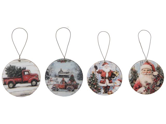 ROUND GLOSSY WOODEN ORNAMENT (SANTA) (ASSTD)