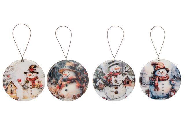 ROUND GLOSSY WOODEN ORNAMENT (SNOWMAN) (ASSTD)