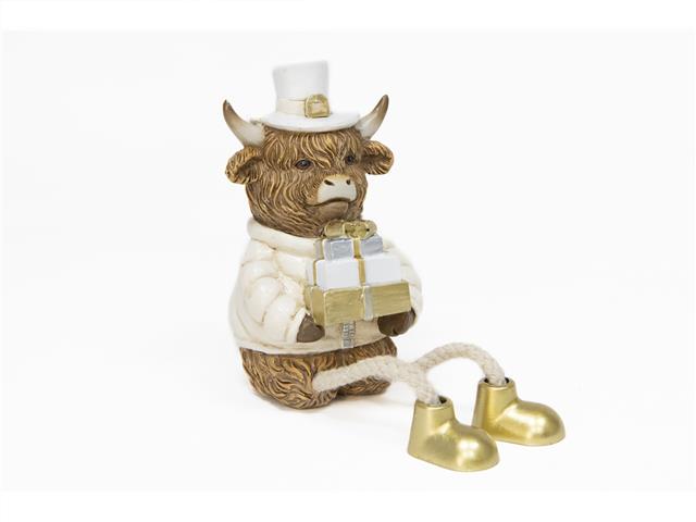 POLYRESIN HIGHLAND COW HOLDING PRESENT SHELF SITTER
