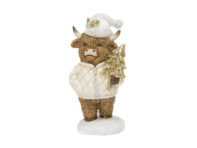 POLYRESIN HIGHLAND COW HOLDING TREE FIGURINE