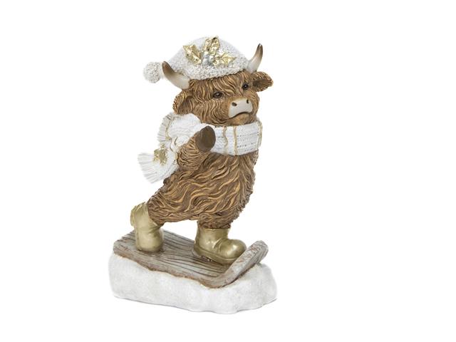 POLYRESIN HIGHLAND COW ON SNOWBOARD FIGURINE