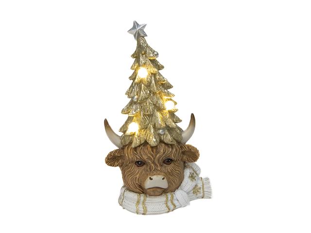 LED POLYRESIN HIGHLAND COW WITH CHRISTMAS TREE HAT