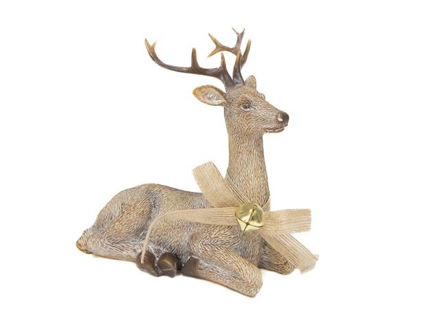 POLYRESIN RESTING DEER WITH JINGLE BELL FIGURINE