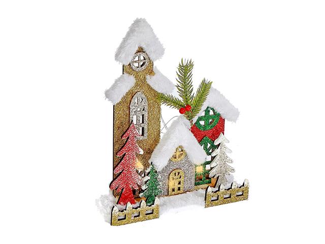 LED SNOW COVERED WOODEN GLITTER TRIPLE HOUSE