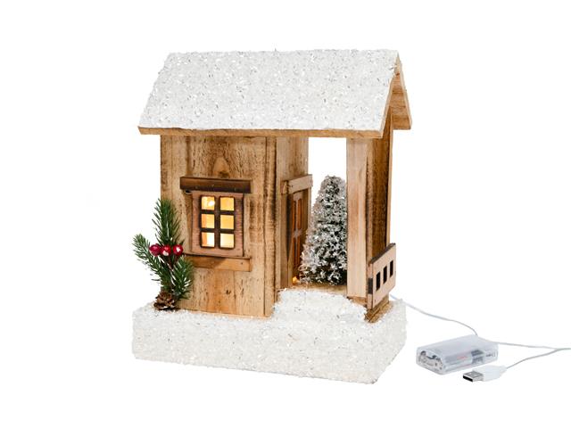 LED SNOW COVERED NATURAL WOODEN CABIN WITH PINE TREE