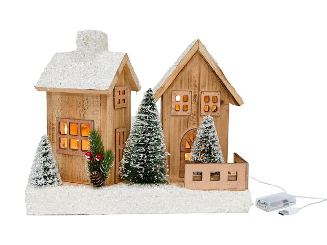 LED SNOW COVERED NATURAL WOODEN HOUSES WITH 3 PINE TREES