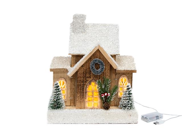LED SNOW COVERED NATURAL WOODEN HOUSE WITH WREATH