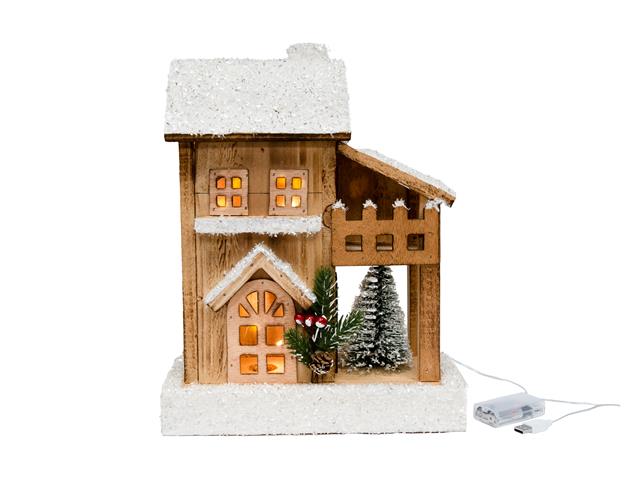LED SNOW COVERED NATURAL WOODEN TWO-STORY HOUSE WITH AWNING