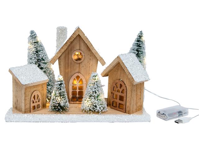 LED SNOW COVERED NATURAL WOODEN COTTAGES WITH PINE TREES