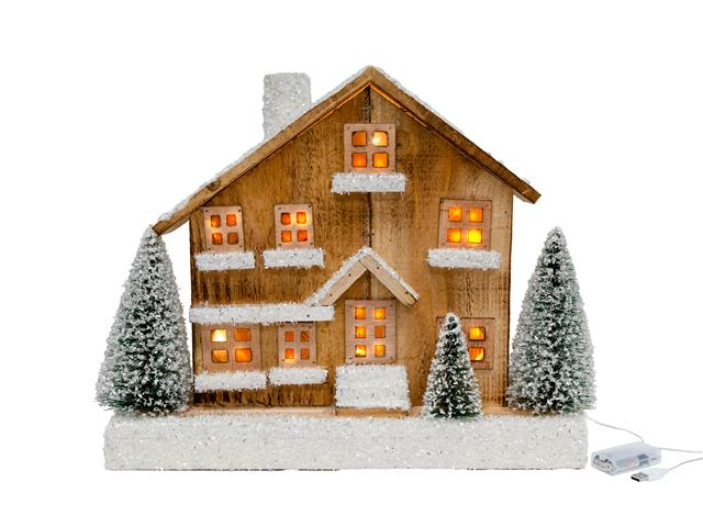LED SNOW COVERED NATURAL WOODEN ALPINE LODGE