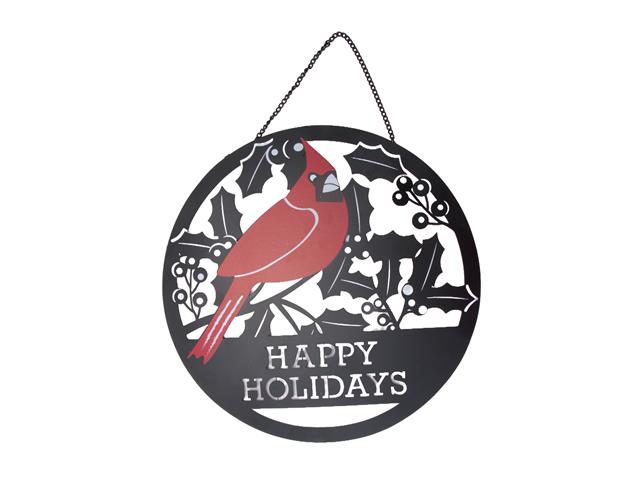 ROUND METAL LASER CUT HANGER (CARDINAL - HAPPY HOLIDAYS)
