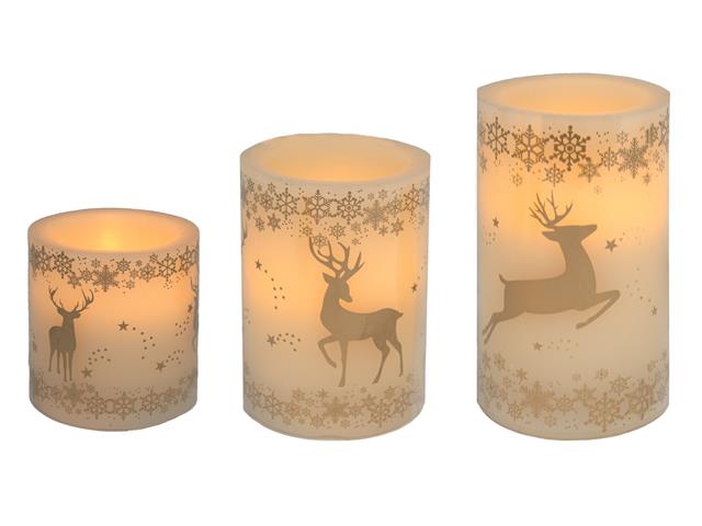 LED WAX PILLAR CANDLE BOXED SET (REINDEER) (GOLD) (SET OF 3)