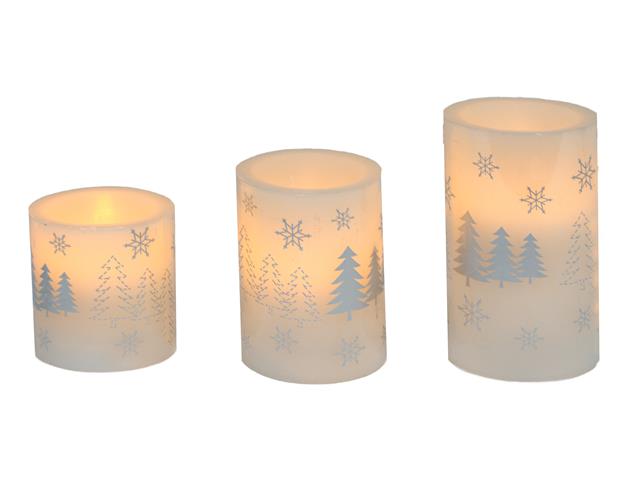 LED WAX PILLAR CANDLE BOXED SET (TREE) (SILVER) (SET OF 3)