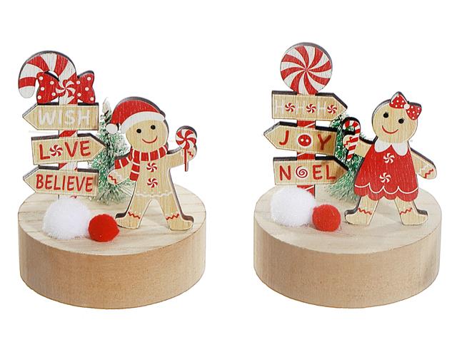 GINGERBREAD AND CANDYCANE ON WOOD BASE DECOR (ASSTD)