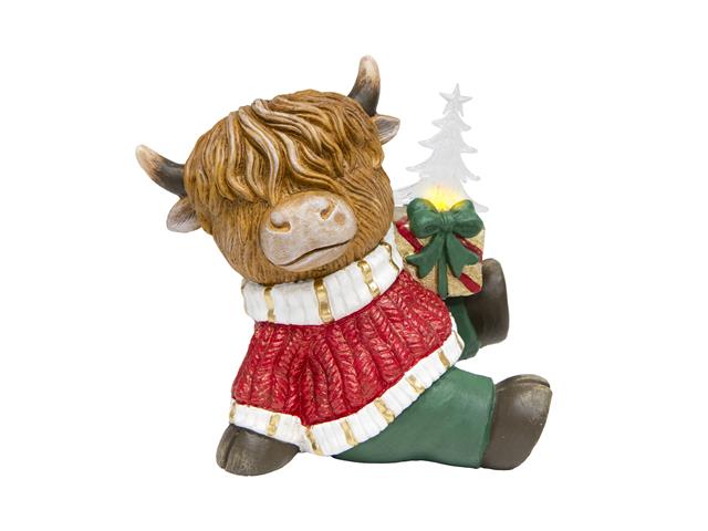 LED POLYRESIN HIGHLAND COW HOLDING PRESENT FIGURINE