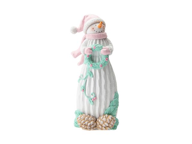 POLYRESIN CANDYLAND SNOWMAN HOLDING WREATH FIGURINE