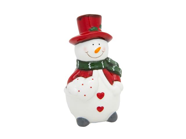 PORCELAIN SNOWMAN WITH RED HAT HOLDING HEART FIGURINE