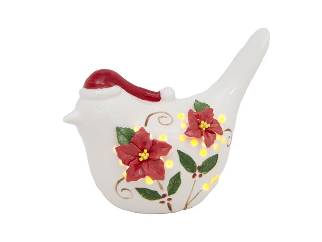 LED PORCELAIN BIRD WITH POINSETTIA