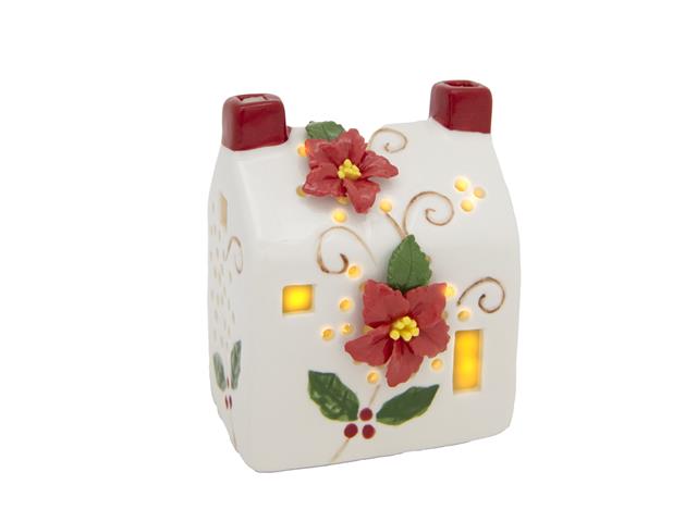 LED PORCELAIN HOUSE WITH POINSETTIA
