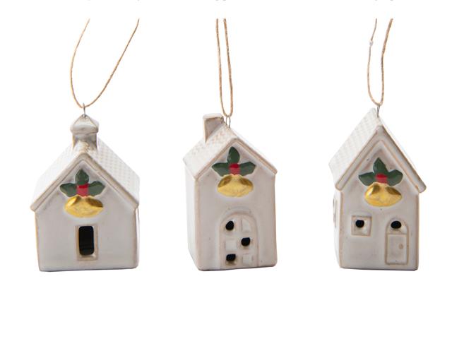 PORCELAIN HOUSE WITH BELL ORNAMENT (ASSTD)