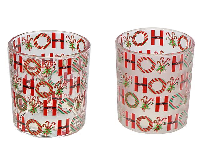 GLASS TEALIGHT HOLDERS WITH DECAL (HO HO HO) (ASSTD)