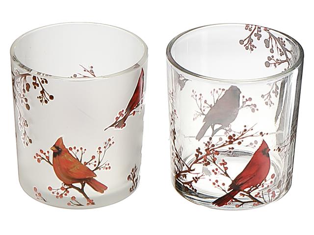 GLASS TEALIGHT HOLDERS WITH DECAL (CARDINAL) (ASSTD)