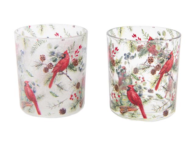 GLASS TEALIGHT HOLDER (CARDINALS ON PINE) (ASSTD)