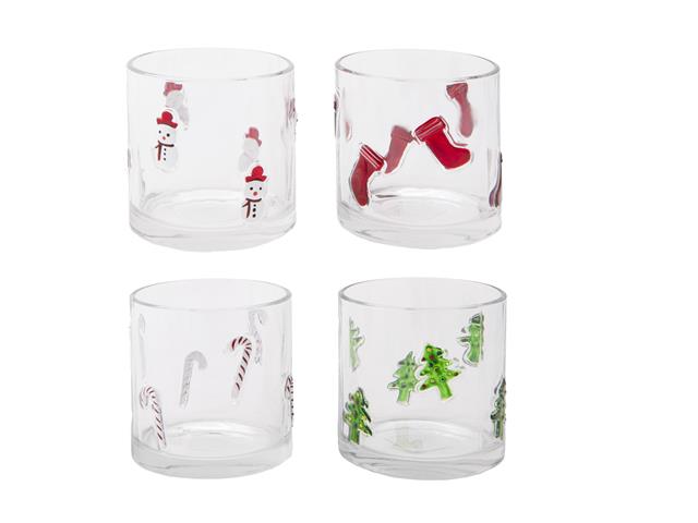 GLASS TEALIGHT HOLDER (TREE, CANDY, STOCKING, SNOWMAN) (ASSTD)