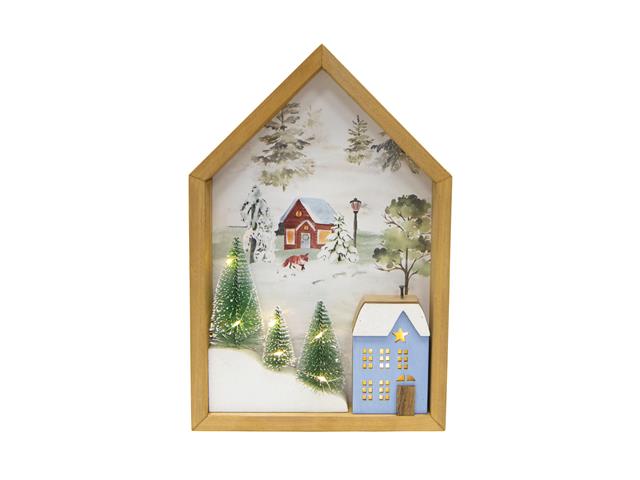 LED MDF HOUSE SHAPE FRAMED WALL ART (BLUE HOUSE AND TREES)