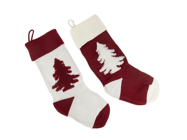 RED AND WHITE KNIT STOCKING WITH TREE ICON (ASSTD)