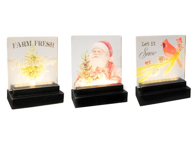 LED ACRYLIC DECOR WITH WOOD BASE (CARDINAL, TREE, SANTA) (ASSTD)