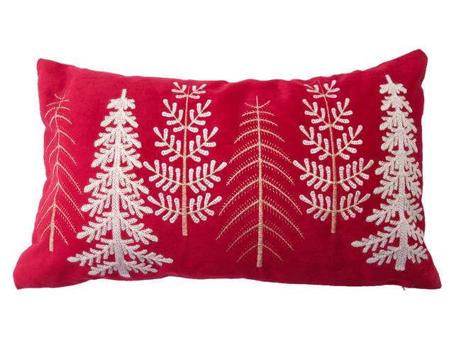 POLYESTER EMBROIDERED CUSHION (TREES) (RED)