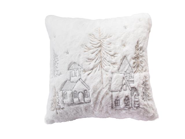 POLYESTER EMBROIDERED CUSHION (WINTER VILLAGE)