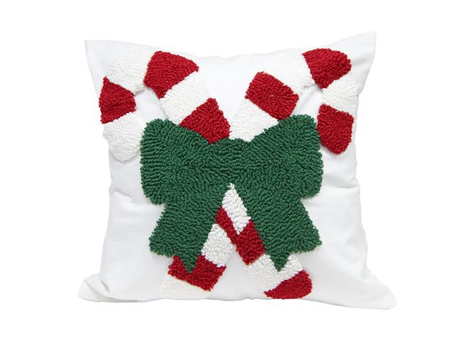 COTTON EMBROIDERED CUSHION (CANDY CANES WITH BOW)