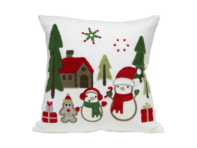 POLYESTER EMBROIDERED CUSHION (SNOWMEN IN WINTER VILLAGE)
