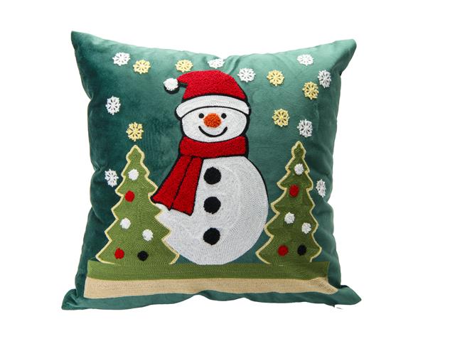 POLYESTER EMBROIDERED CUSHION (SNOWMAN AND TREES)