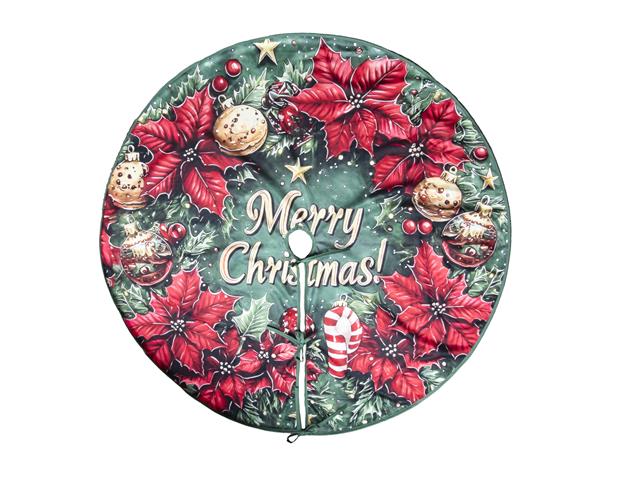 POLYESTER TREE SKIRT (MERRY CHRISTMAS - POINSETTIA WREATH)