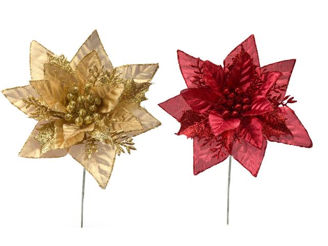 METALLIC POINSETTIA PICK WITH GLITTER ACCENT (ASSTD)